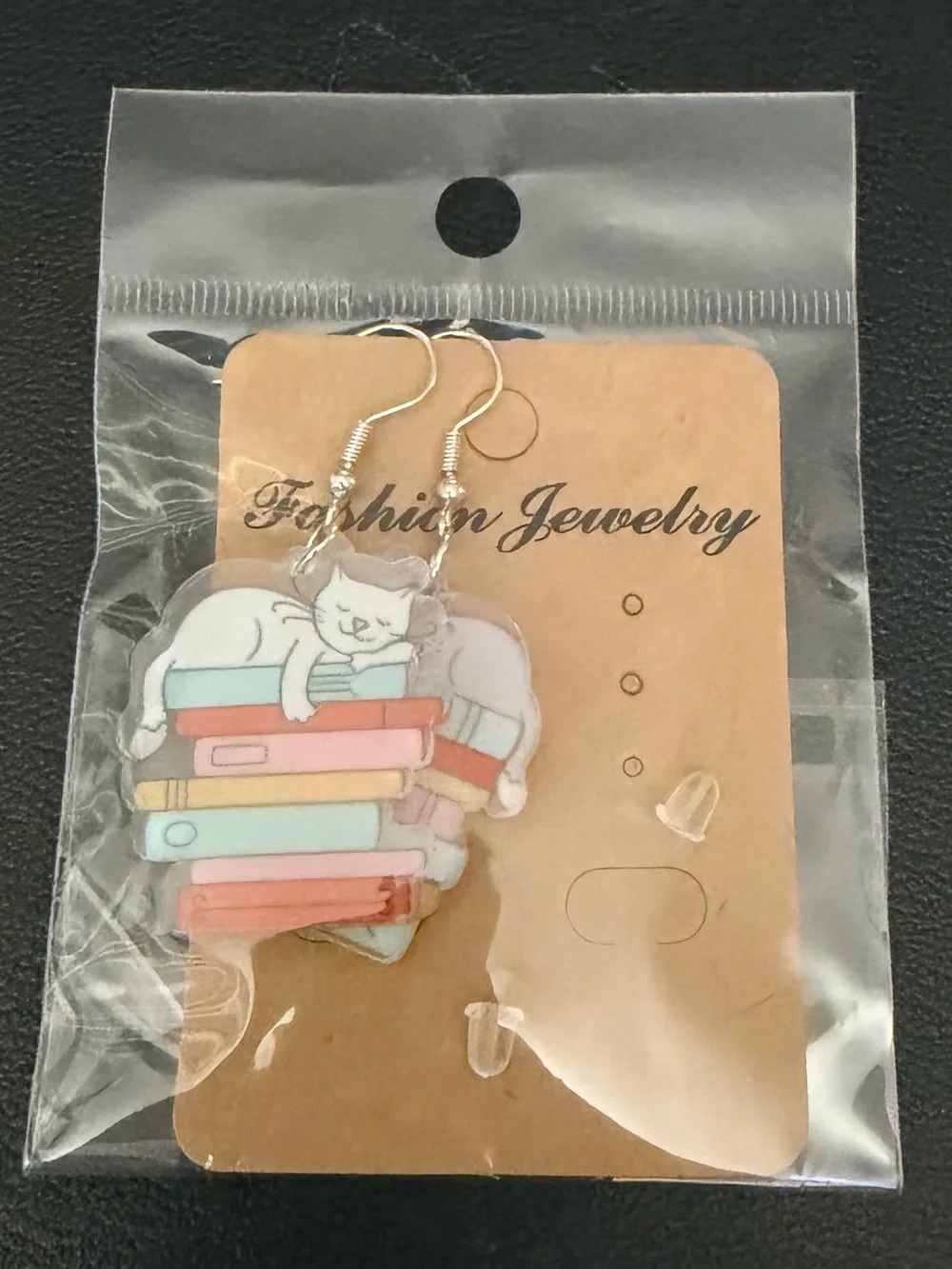 Cute Cat on Books Acrylic Earrings - White Cat, Multicolor